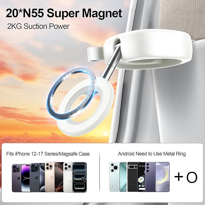 xiwxi Magnetic Airplane Phone Holder with Carabiner Clips - 360° Rotation Phone Mount for Tray Table & Desk, Universal Phone Stand for iPhone, Galaxy, Travel Essentials & Airplane Gadgets
