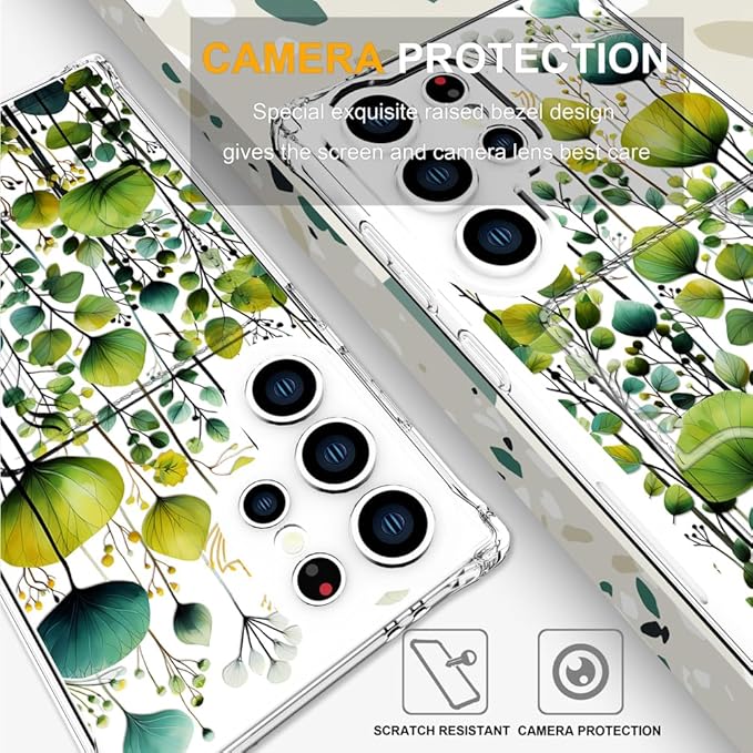 Compatible with Samsung Galaxy S24 Ultra Case Card Holder for Women Cute Design,Wallet Phone Cases Transparent Cool Kawaii Protective (Clear Green Flower Leaves Buds)