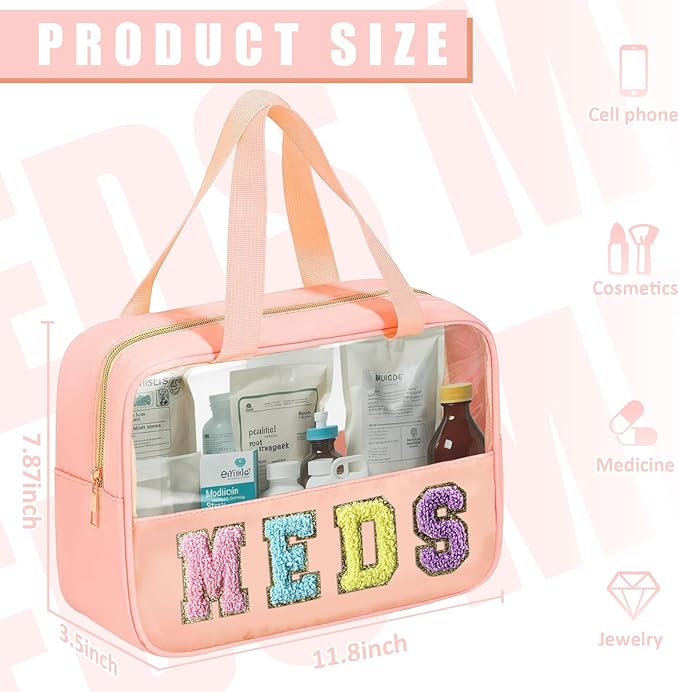 BuyCard Chenille Letter Patch Clear Travel Bags, Preppy PVC&Nylon Makeup Bag with Handle and Zipper, Waterproof Large Clear Travel Toiletry Bag Storage Bag for Women Girls