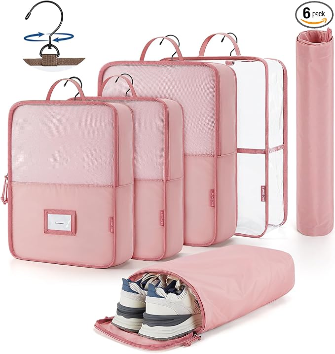 BAGSMART Hanging Packing Cubes for Travel, 6 Set Clear Waterproof Packing Cubes for Suitcases, Storage Organizer for Hanging Closet with Zipper, Handles and Hook Baby Pink