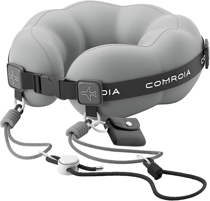 Travel Neck Pillow for Airplane Sleeping – 360° Head Support Prevents Bobbing, 100% Memory Foam Ergonomic Neck Cushion with No-Case-Needed Carry Strap for Long Flights & Car – Washable Cover (Grey)