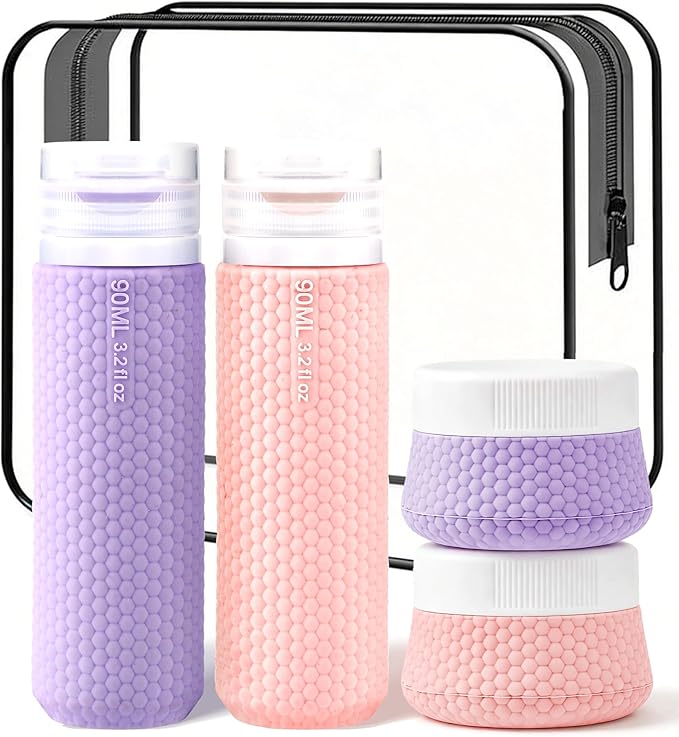 Travel Bottles for Toiletries 2oz 90ml 2 Pack + Cosmetic Jar 40ml 1.35oz 2 Pack Luxury Leather Pattern, Anti-slip Silicone Premium Refillable Bottle Set with Facial Brush for Gym Men Women