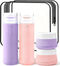 Travel Bottles for Toiletries 2oz 90ml 2 Pack + Cosmetic Jar 40ml 1.35oz 2 Pack Luxury Leather Pattern, Anti-slip Silicone Premium Refillable Bottle Set with Facial Brush for Gym Men Women