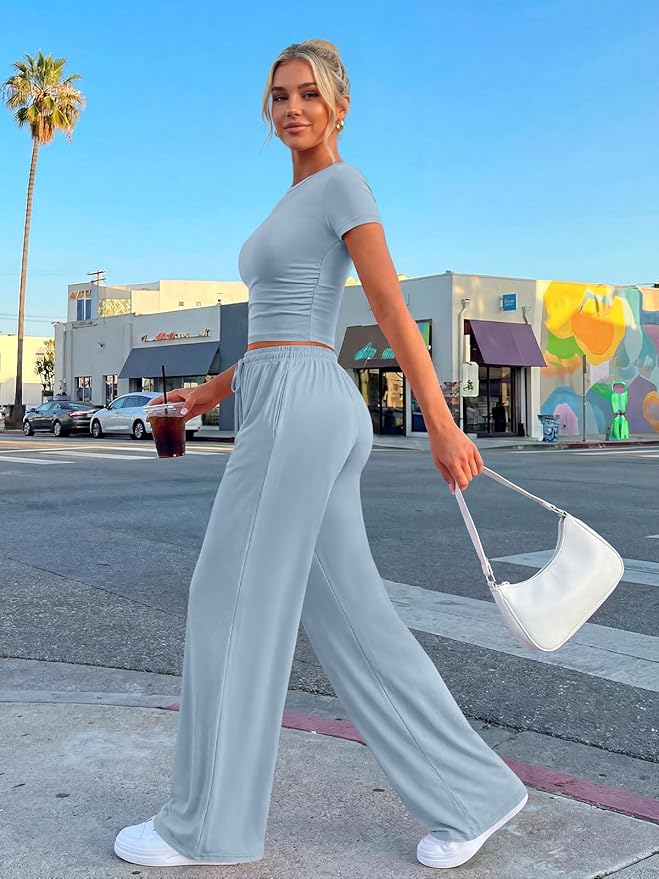 Trendy Queen 2 Piece Matching Summer Lounge Set Womens Side Ruching Top Wide Leg Pants Sets with Pockets