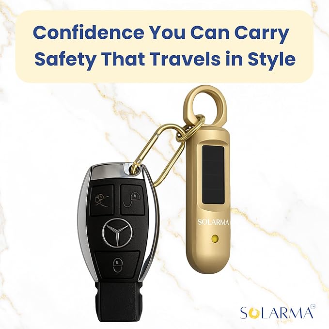 Solarma by HerTime2 | Solar Powered Personal Alarm for Women | Extra Loud Dual Siren + LED | Solar + USB-C Rechargeable | Ideal Gift for College Travel Running Realtors | Self Defense Safety Alarm