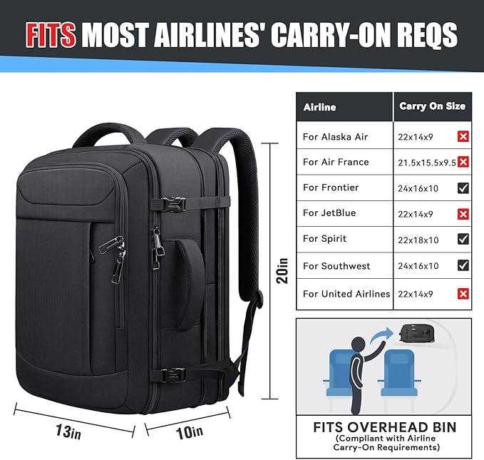 Extra Large Travel Backpack with LifetimeWarranty, Expandable Carry On Backpack with Waterproof Wet Pocket for Men Women, Anti-Theft TSA Flight Approved 18 Inch Laptop Duffel Bag for Travel, Black