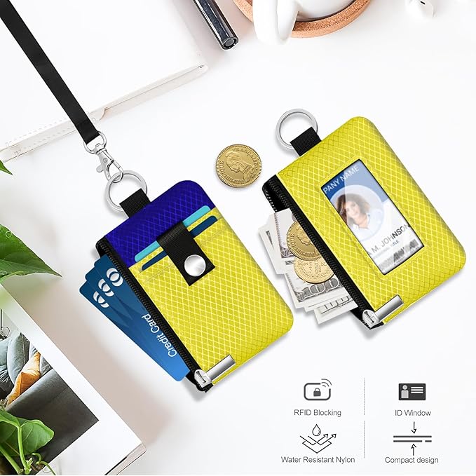 Minimalist RFID Blocking Small Wallet with ID Window,WaterResistant Zip Id Case Wallet with Lanyard Keychain for Cards,Cash,Travel,Women,Men (Lemon Yellow/Sapphire Blue)
