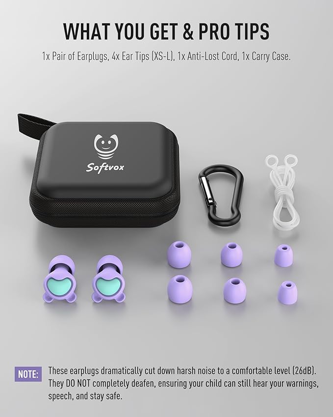Kids Ear Plugs (6-12 Years) with Cord, Kids Ear Protection Reusable Noise Relief Earplugs for Focus, Travel, Concert, Socializing, Events, Sleep, Anxiety, Home, School, Playtime -26dB Noise Reduction