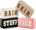 Cunno 4 Pcs Preppy Makeup Bags Chenille Letter Stuff Bag Nylon Cosmetic Pouch Cases with Zipper for Women Travel Toiletry