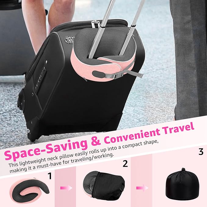 Travel Pillows for Airplanes Ergonomic Memory Foam Neck Pillow for Travel - 360° Head & Neck Support for Sleeping on Flights, Cars, Trains & Office (Pink-1)