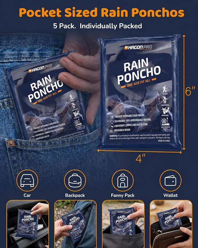 Hagon PRO Disposable Rain Ponchos for Adults (5 Pack)