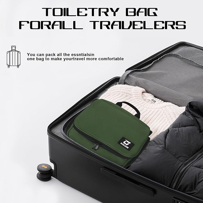 Goloni Hanging Toiletry Bag, 10 Compartments Water-Resistant Makeup Bag with 360° Spinning Metal Hook, Large Travel Cosmetic Organizer for Men & Women, Green (7.05oz)