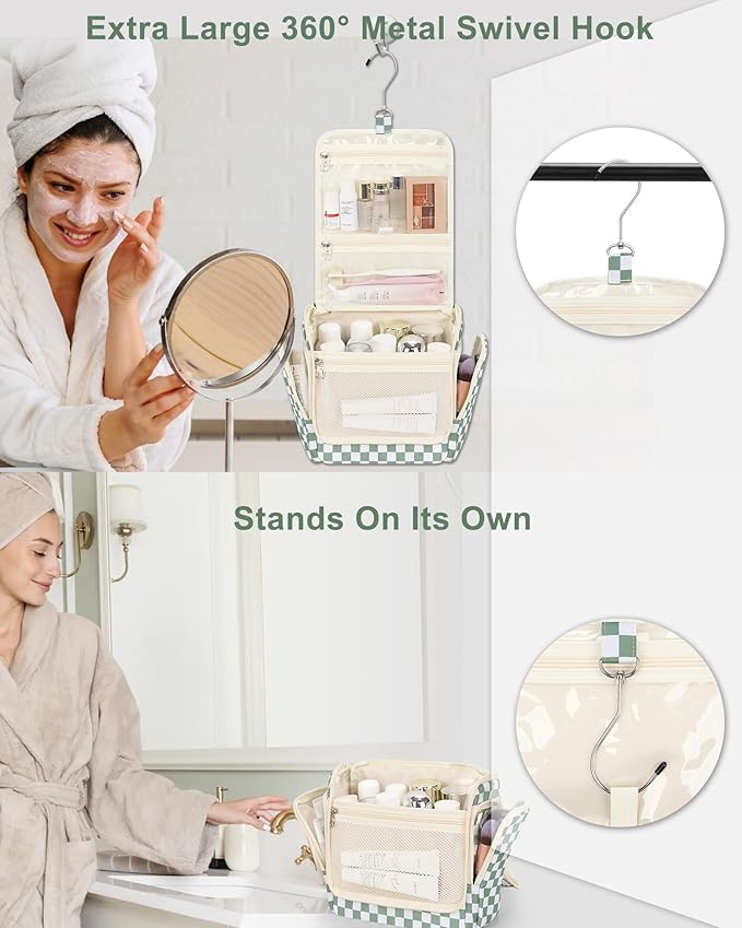 Relavel Travel Toiletry Bag for Women Makeup Bag Cosmetic Organizer Toiletries Bag with Hanging Hook for Travel Size Essentials Accessories Shower Caddy Bag for Bathroom Beach Gym, Green Checkerboard