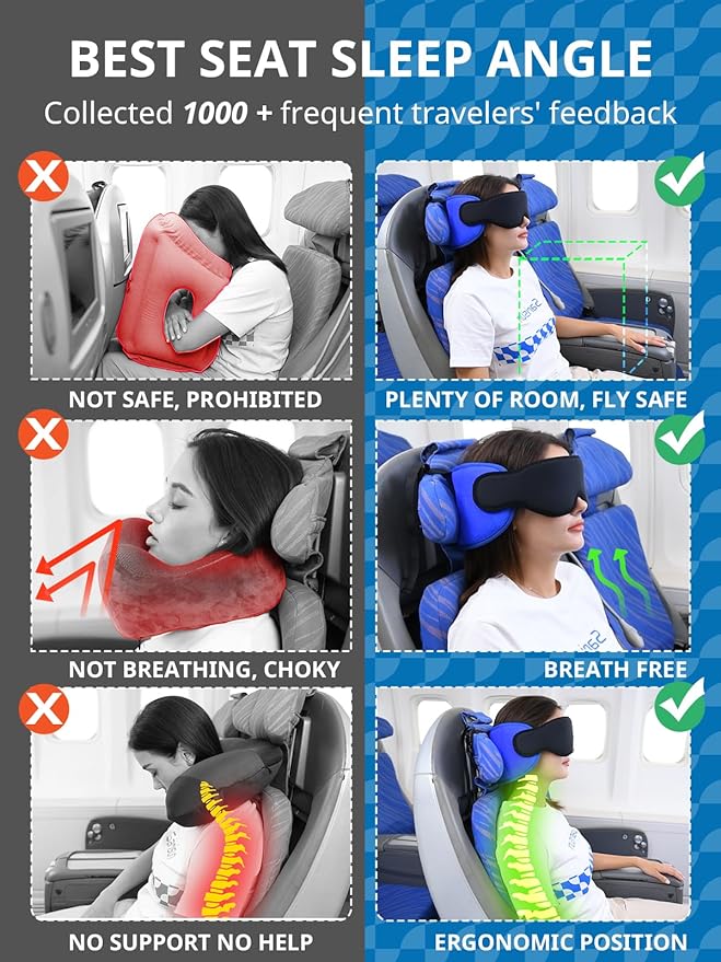 SARISUN Travel Pillows for Airplanes, Airplane Pillow for Long Flight, Airplane Head Strap with Eye Mask for Sleep, Travel Neck Pillow for Car Road Trip, 360° Support Headrest, Stop Bobblehead, Orange