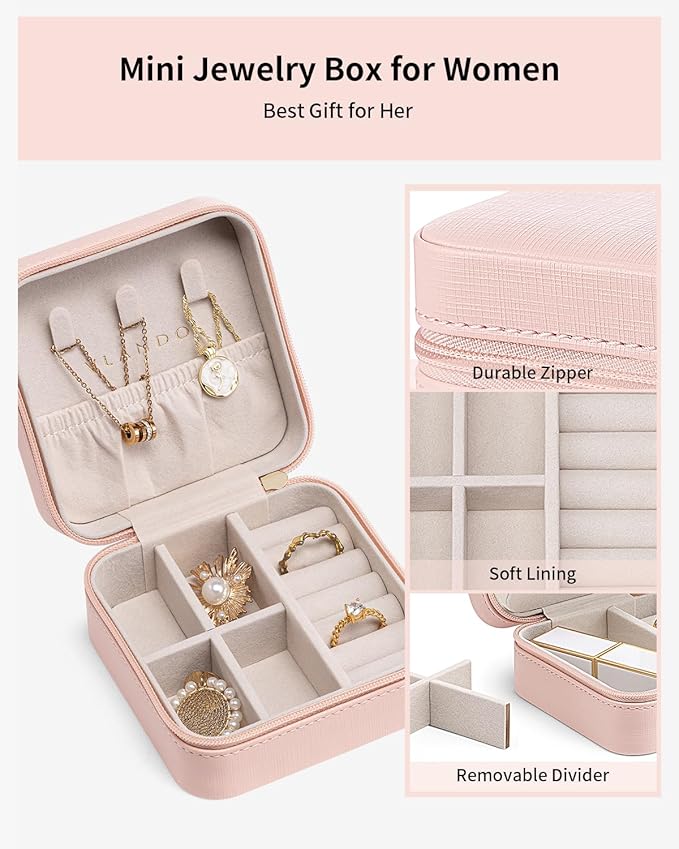 VLANDO Travel Jewelry Case - Mothers Day Mom Gifts for Women - Small Jewelry Travel Organizer Box Travel Essentials Gift for Teen Girl Women - Pink