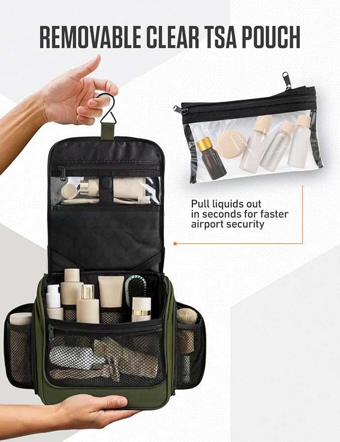 VENTURE 4TH Hanging Travel Toiletry Bag for Women & Men – Large Toiletry Organizer with 18 Compartments, Removable TSA Pouch, Travel Wash Bag for Toiletries, Makeup & Shaving Kit (Dark Green)