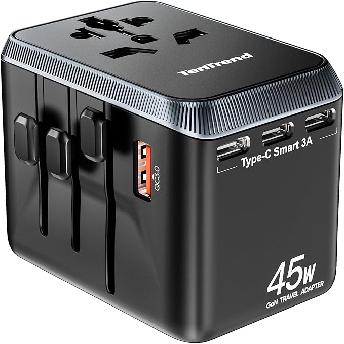 TenTrend Universal Travel Adapter, 45W International Power Adapter with 4 USB-C & 1 USB-A Ports, European Travel Plug Adapter, Worldwide Travel Essentials for EU UK AUS USA