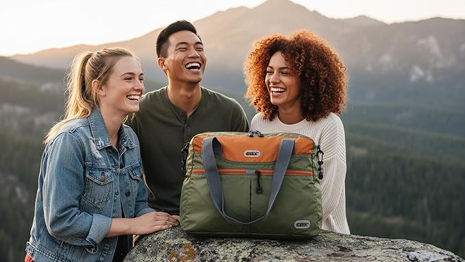 GOX Packable Tote Bag – Under Seat Airline Personal Item, Lightweight Foldable Travel Duffel 28L, Nylon Shoulder Bag for Women Men, Carry-on Weekender for Plane Gym (Green&Orange)