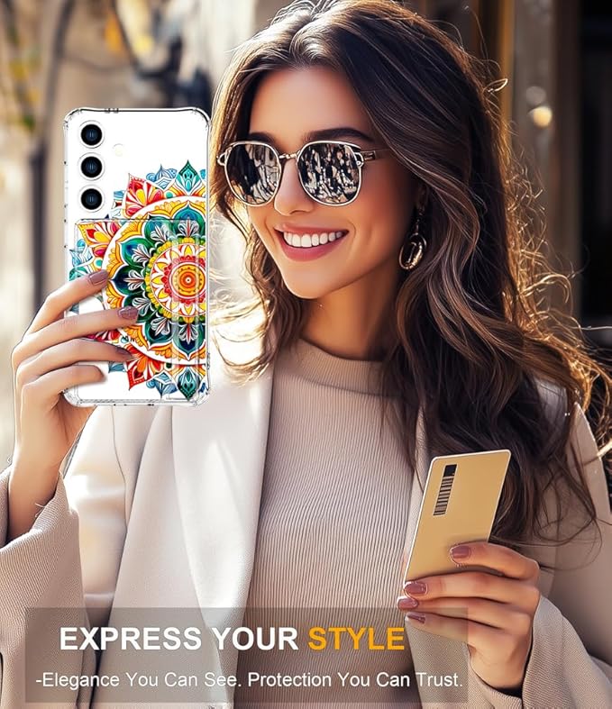 Compatible with Samsung Galaxy S24+ Plus / S25+ Plus Case Card Holder for Women Cute Design,Wallet Phone Cases Transparent Cool Kawaii Protective (Clear Mandala Henna Flower)