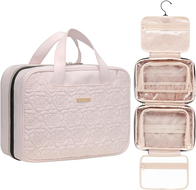 Everfun Hanging Toiletry Bag for Travel, 11x7.75x4.5 inch Medium Capacity Cosmetic Organizer with Leakproof Wet/Dry Compartment, Waterproof Dopp Kit Toiletries Bag for Women Pink