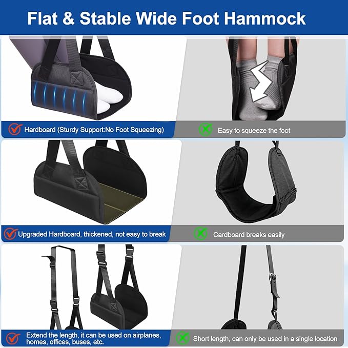 Foot Hammock for Plane Travel, Portable Foot Rest Leg Hammock for Airplane, 2 Straps with an Adjustable Length, Provides Relaxation and Comfortable for Long Flight