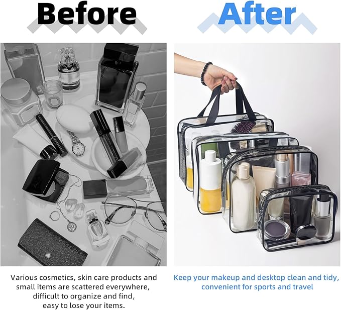 ABSOFINE Clear Toiletry Bag for Travel Size Toiletries, 4 Pack Large Waterproof PVC Makeup Bags with 2 Pack Airport Security Liquids Bags, Travel Essentials toiletry Bottles for Women Girls Men