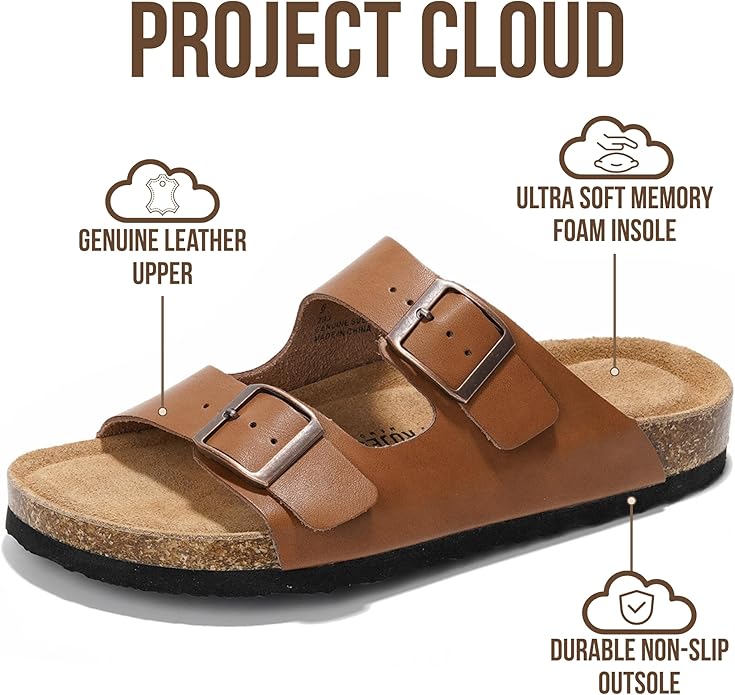 Project Cloud 100% Genuine Leather Flat Sandals For Women 2026 Cork Footbed Womens Sandals with Memory Foam and arch support Vacation Essentials Slides for Women Footwear (Venita)