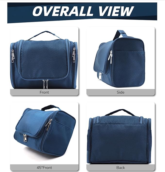 Buruis Hanging Toiletry Bag for Women and Men, Large Water-Resistant Makeup Organizer with Sturdy Hook, Lightweight Nylon Dopp Kit for Full-Sized Toiletries & Cosmetics, Blue