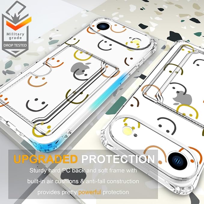 Compatible with iPhone 17 Air Case Card Holder for Women Cute Design,Wallet Phone Cases Transparent Cool Kawaii Protective (Clear Smiley Face)