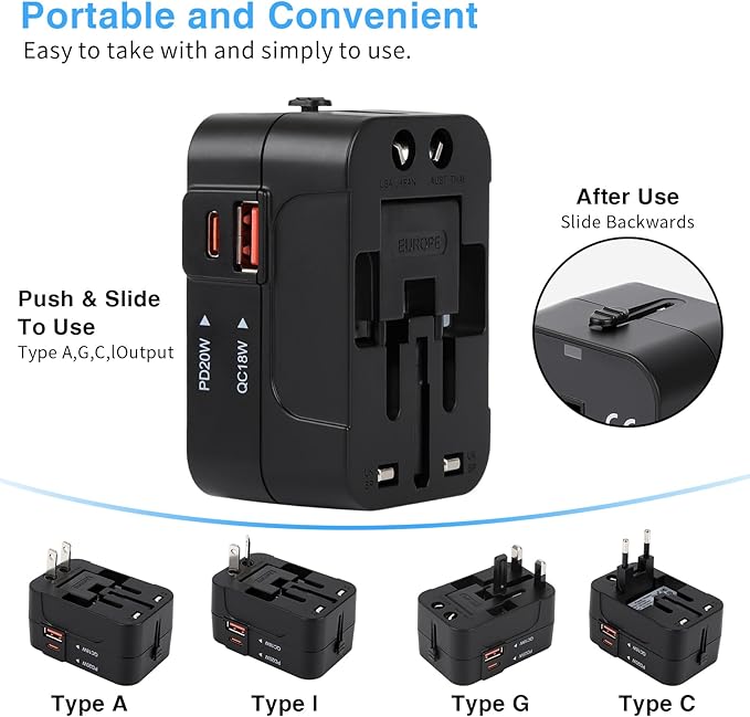 Universal Travel Adapter, PD20W International Power Adapter,1 Type-C & 1 USB-A Fast Charging Travel Charger, All in One Worldwide Wall Travel Plug Adapter, Outlet Power Plug Converter for EU UK USA AU