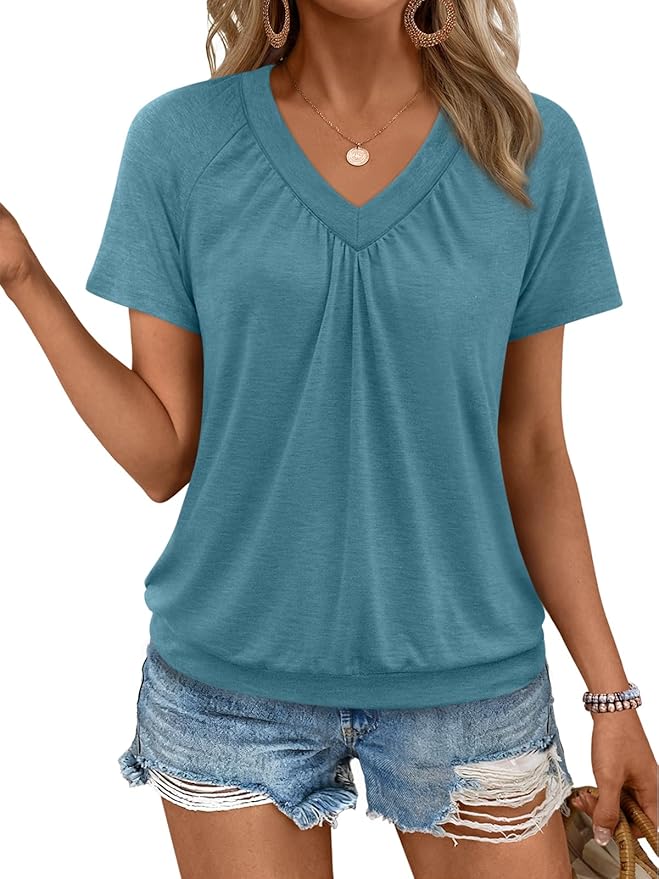 AUTOMET Womens Tops Short Sleeve V Neck T Shirts 2026 Summer Spring Beach Vacation Clothes Casual Loose Ruched Top