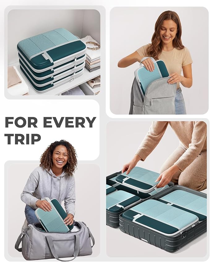 Percover Compression Packing Cubes 6-Piece Set, Packing Cubes Compression for Travel with Multi-Size Organization, Travel Organizer for Carry On & Checked Luggage, Peacock Green