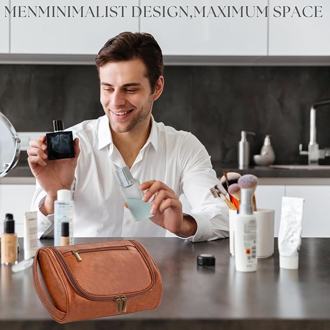 Mens Toiletry Bag, Compact Dopp Kit for Men Travel, PU Leather Shaving Kit, Water-Resistant Minimalist Organizer with Wrist Strap, Travel Toiletry Bag, Gift for Men,Small 9X5.9X3 Inch Brown
