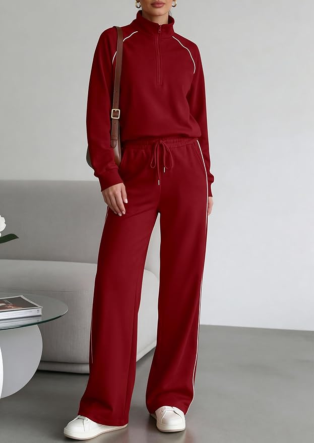 PRETTYGARDEN Women's 2 Piece Outfits Casual Lapel Half Zip Sweatshirts and Wide Leg Pants Tracksuit Sets