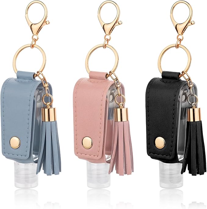 3 PCS Portable Empty Bottle Keychain, 30 ml Hand Sanitizer Holder Keychain, Travel 1oz Mini Hand Sanitizers Case for Travel Lotion Liquid Soap Shampoo (Blue Pink Black)