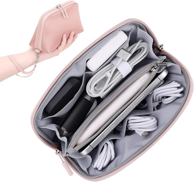 FYY Travel Cable Organizer - 8 Compartments Lightweight Water Resistant Tech Pouch with Wrist Strap, Portable Electronic Accessories Case for Cord Charger Storage for Travel Home Office, Pink (Small)