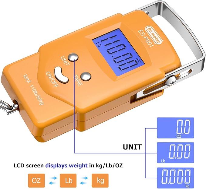 Dr.meter Fish Scale Luggage Scale Fishing Gear - 110lb Backlit LCD Display Digital Scale with Built-in Measuring Tape - Fishing Scale with 2 AAA Batteries, Pocket Size - Fishing Gifts for Men