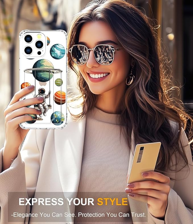 Compatible with iPhone 16 Pro Case Card Holder for Women Cute Design,Wallet Phone Cases Transparent Cool Kawaii Protective (Clear Astronaut Space Planets)