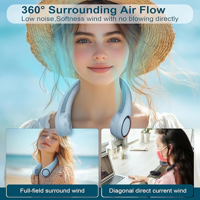 CIVPOWER Neck Fan: Portable Personal Neck Cooling Rechargeable Bladeless Fan - Hands Free 3 Speed 4000 mAh Battery USB Operated Wearable Headphone Design - Gift for Men Women Outdoor (Light Blue)