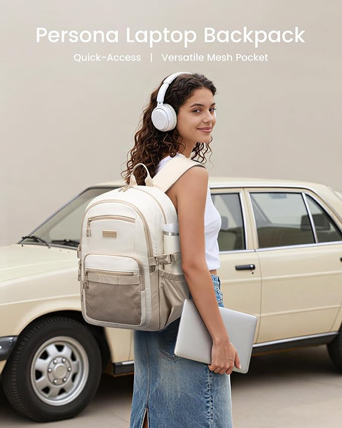 LOVEVOOK Laptop Backpack Women with 40oz Cup Holder Buckle Strap, 17.3 Inch Tech-Ready Work Backpack, TSA-compliant for Travel & College with Versatile Mesh Pocket, Oatmeal Cream