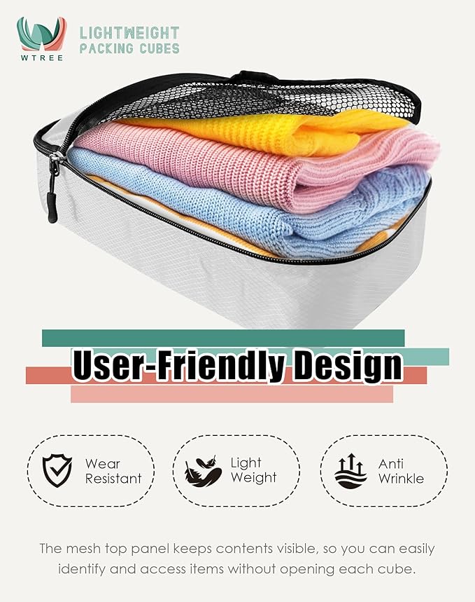 WTREE 4-Piece Packing Cubes Travel Accessories Set for Suitcases - Luggage Organizer Bags with Double Zipper - Mesh Top - Large - Beige