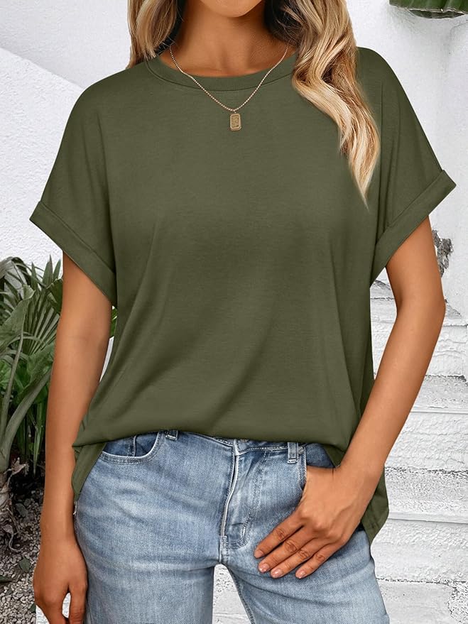 AUTOMET Women's Oversized Short Sleeve T Shirts Casual Drop Shoulder Rolled Cuff Summer Tops for Work, Travel and Lounge