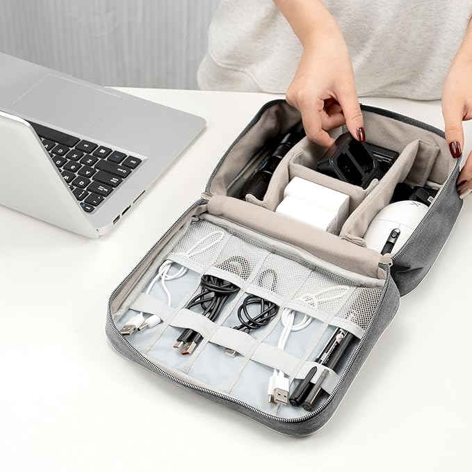 Cable Organizer bag for women or men,Electronic Accessories Carry Case Portable Waterproof Double Layers All-in-One Storage Bag for Cord, Charger, Phone, Earphone (Grey)