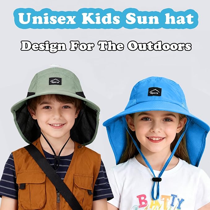 Outdoor Kids Sun Hat with Neck Flap UPF 50+ Quick Dry Beach Hats for Baby Boys Girls Age 2-12 Years Adjustable