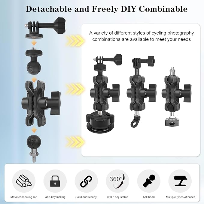 Camera Mount with 360°Dual Ball Head, Motorcycle Handlebar Mounting Bundle Kit for lnsta360 X5/X4/X3/X2/Gopr01/4-20 & Tripod Adapter, Action Camera Mount Adapter for M6 Hole Base,75017