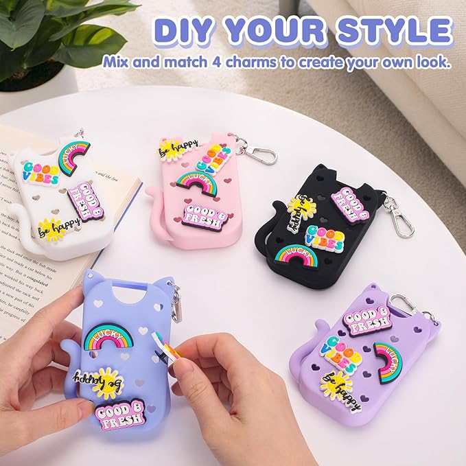 Silicone Case Holder Compatible with Hand Sanitizer Spray Touchland 1 fl oz, Cute Cat Ear Protective Case with Keychain & 4 Decorative Charms (Blue, 1P)
