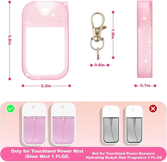 Palksky Hand Sanitizer Spray Glitter Case for Touchland,Silicone Case with Keychain for Power Mist and Glow Mist 1 fl oz(Glitter Sequin Pink and White),Travel Size