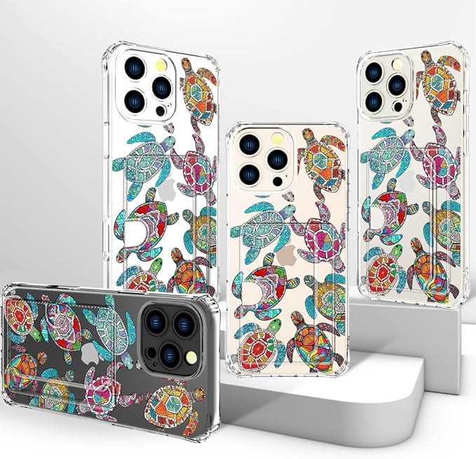 Compatible with iPhone 16 Pro Case Card Holder for Women Cute Design,Wallet Phone Cases Transparent Cool Kawaii Protective (Clear Sea Turtles Animal Tribal)