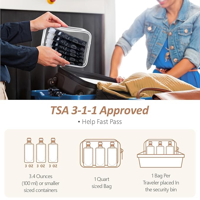PACKISM 12 Pack Travel Pouches for Toiletries - 3 oz Leak Proof TSA Approved Liquid Containers, Squeeze Bags for Shampoo Lotion, Space Saving Refillable Carriers, Black Beige Chamomile