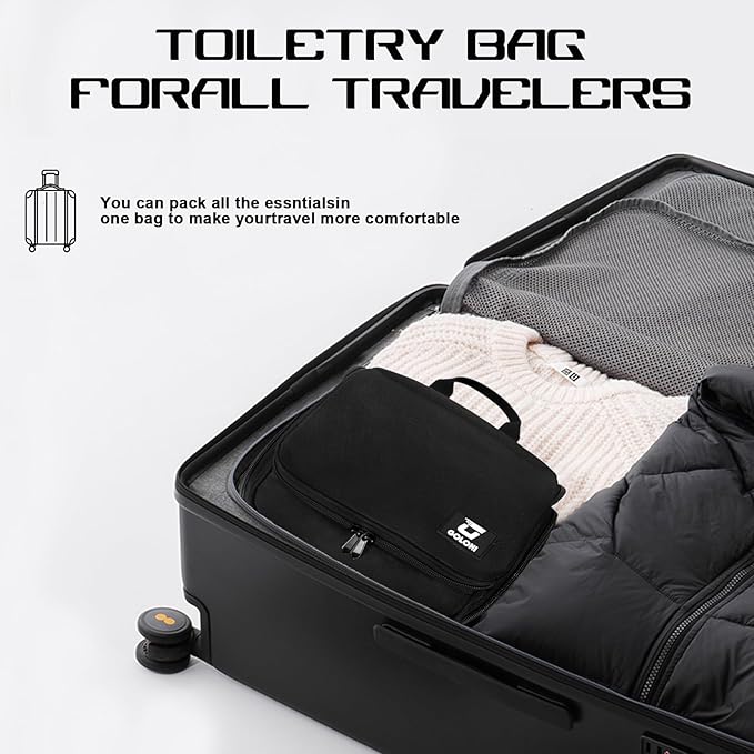 Goloni Hanging Toiletry Bag, 10 Compartments Water-Resistant Makeup Bag with 360° Spinning Metal Hook, Large Travel Cosmetic Organizer for Men & Women, Black (7.05oz)